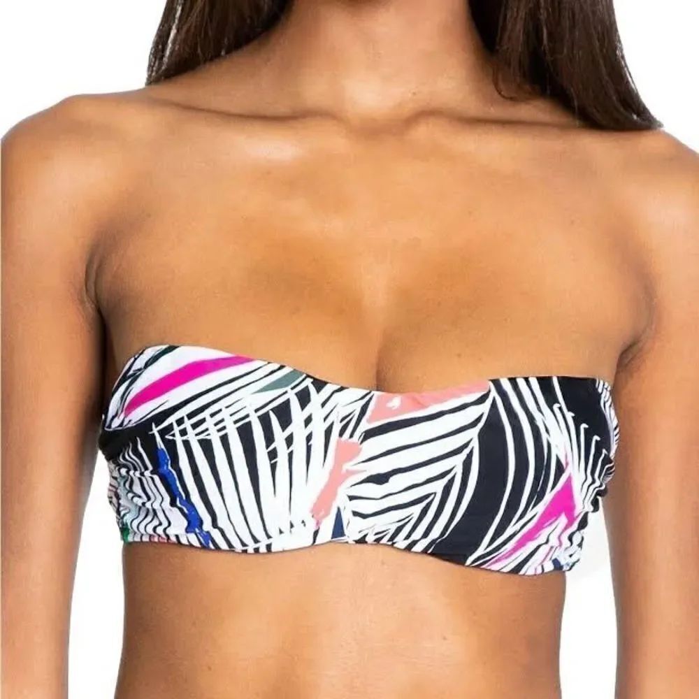 RACHEL Rachel Roy Graphic Palm Printed Bandeau Bikini Top Black Multi Large NWT